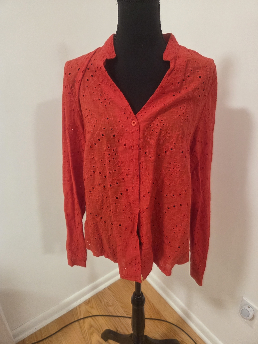 SHEIN Red Eyelet Button-Down Blouse